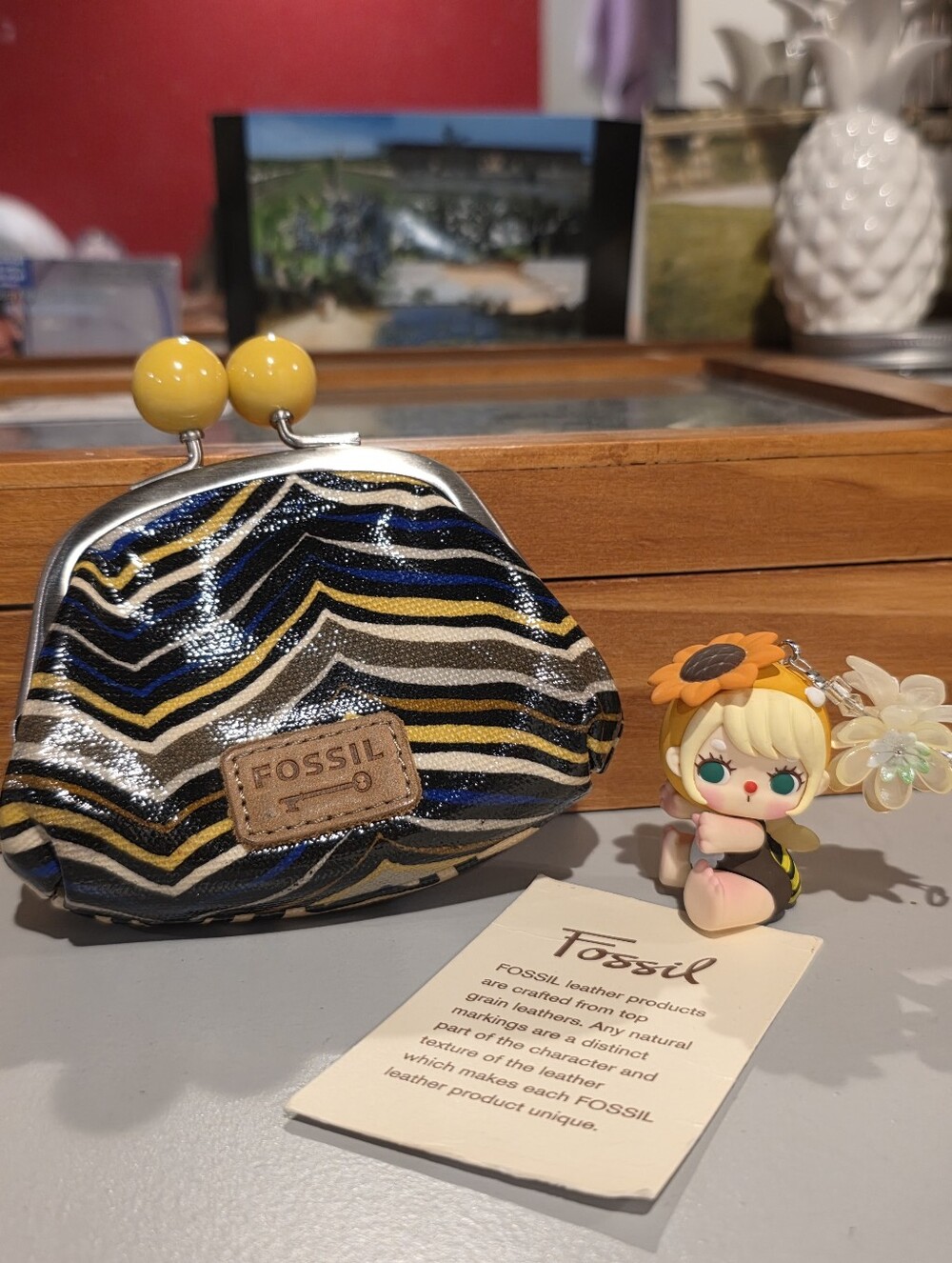 Fossil Chevron Coin Purse in Navy, Yellow & Cream